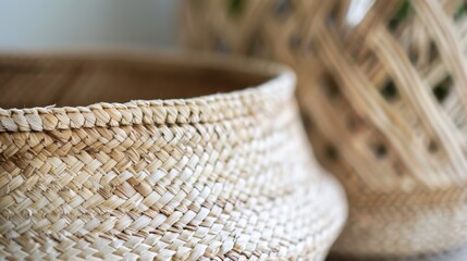 Fototapeta premium Close-up of woven baskets with intricate patterns showcasing traditional craftsmanship and natural materials in soft light.