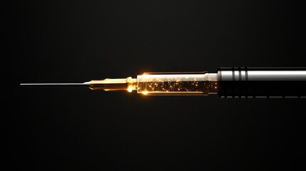 Naklejka premium This captivating visual showcases a syringe filled with a golden sparkling substance emphasizing the interplay of light and darkness symbolizing innovation in medical technology