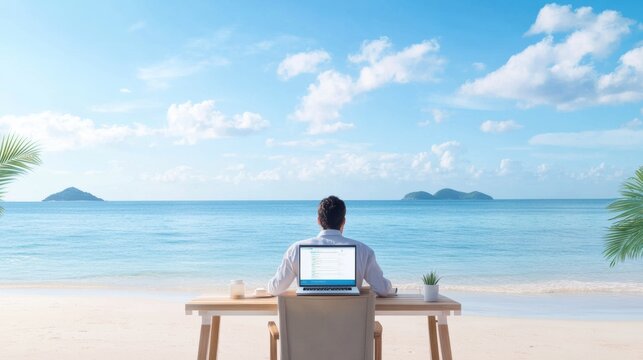 Digital nomad working on website development at a beach remote work lifestyle