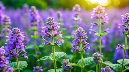 Obraz premium Delicate purple schizonepeta flowers bloom amidst lush green foliage, capturing the serene essence of a tranquil summer meadow on a warm sunny afternoon.