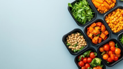 Colorful assortment of fresh vegetables and legumes in black containers on a light background, perfect for healthy meal prep.
