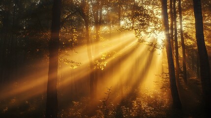 Obraz premium Sunlight beams through the trees in a misty forest, illuminating the golden leaves and creating a magical atmosphere.
