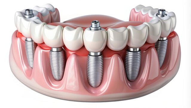 Dental implant-supported overdenture illustration, showcasing a secure and stable tooth replacement solution, with titanium posts and attached artificial teeth for a natural-looking smile.