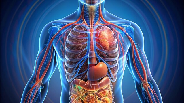 Detailed illustration of the human body's internal organs, showcasing the intricately connected network of vital systems, including the heart, lungs, liver, and digestive tract.