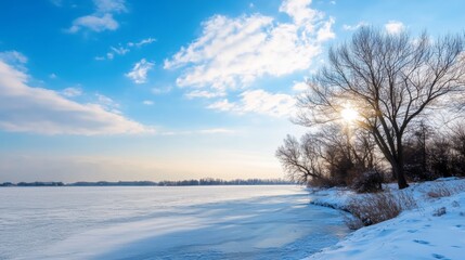 Drifting snow across a frozen lake winter weather