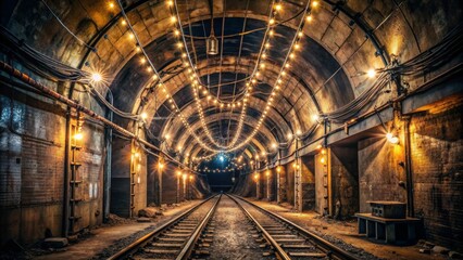 Dimly lit, rugged underground tunnel stretches into darkness, lined with worn steel beams, dusty old tracks, and twinkling string lights, conveying a sense of industrial secrecy.