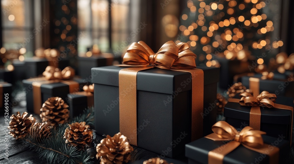 Poster 3d render of an abstract festive background for black friday featuring a stack of black gift boxes w