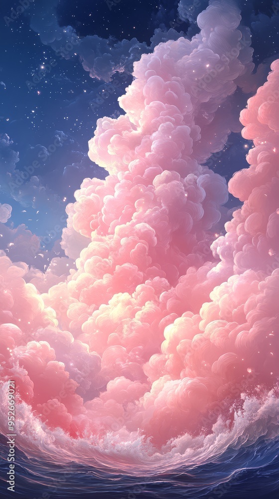 Poster fluffy pink clouds rise beautifully towards a deepening twilight sky illuminated by stars above whil