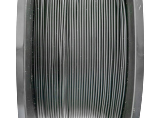 Turns of black 3D printer filament thread on plastic spool top view close up on white background