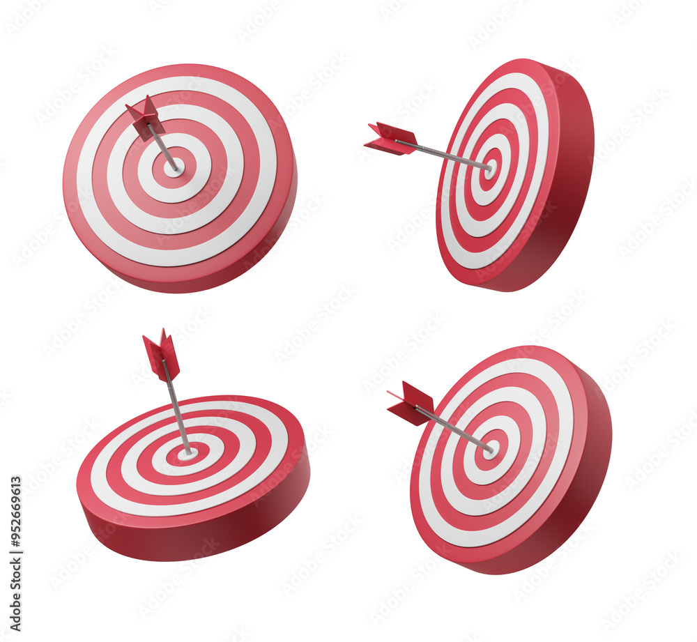 Aufkleber four 3d rendered red and white archery targets with arrows hitting the bullseye, isolated on a white