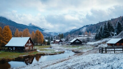 Fototapeta premium First snowfall of the season covering a small village winter weather