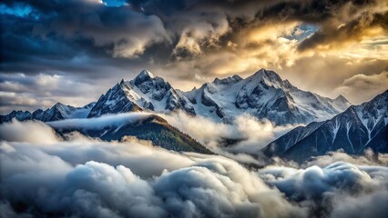 Dramatic cloudy sky with thick grey fog rolling over majestic snow-capped mountain peaks, creating a serene and mystical atmosphere in a vast wilderness landscape.