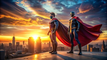 Dynamic duo of masked crusaders standing victorious on a city rooftop, capes fluttering in the wind, with a bold, colorful sunset sky behind them.