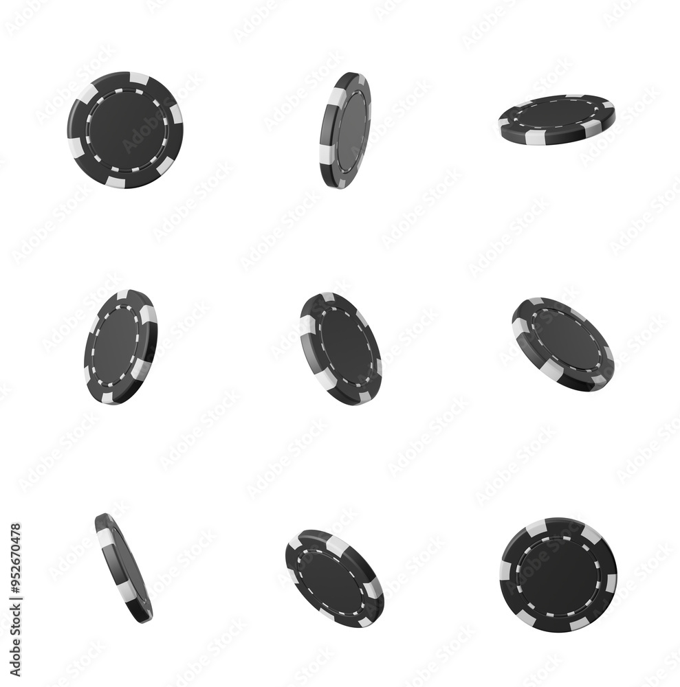 Poster multiple poker chips shown from various angles on a white background. 3d rendering. concept of gambl