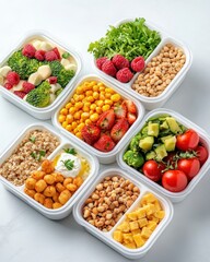 Healthy meal prep containers filled with colorful fruits, vegetables, and grains for balanced nutrition.