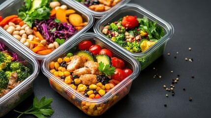 Healthy meal prep containers filled with colorful salads, vegetables, and grains for a nutritious and balanced diet.