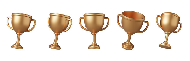 Five golden trophies in different positions displayed on a white background. Concept of awards, achievements, and victory. 3D Rendering