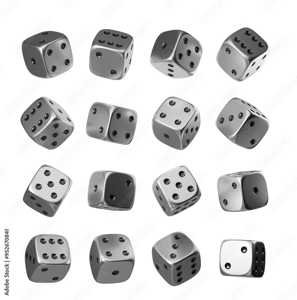 Poster collage of silver dice in various positions on a white background. concept of randomness and chance.
