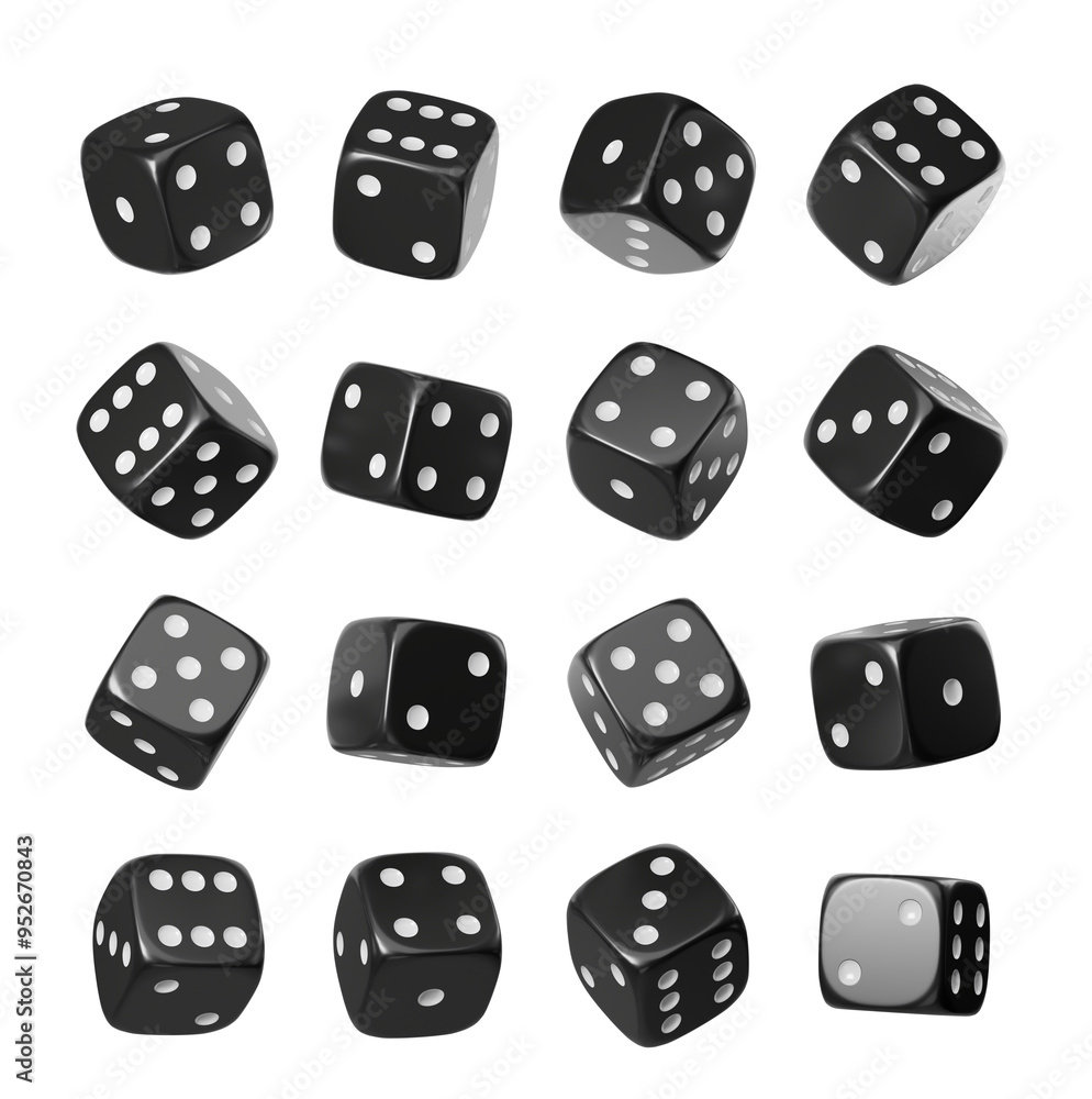 Poster collage ofdice with white spots in various positions on a white background. 3d rendering. concept of