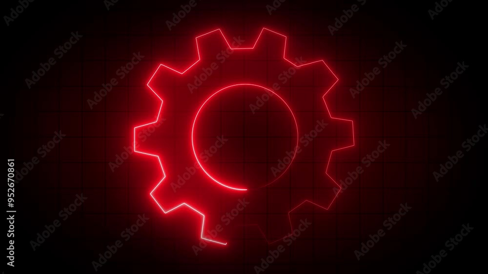 Poster glowing neon setting icon, red color settings icon, technology setting icon on black background. ind