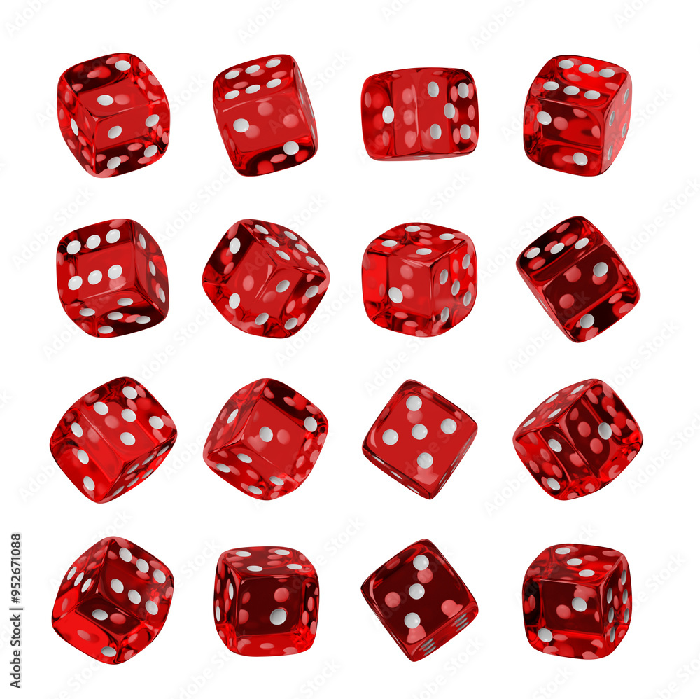 Poster collage of red dice in various angles and positions on a white background. the dice are shown with c