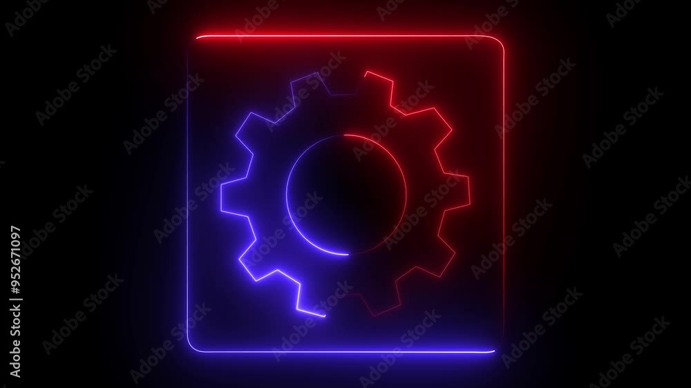 Poster glowing red and blue color neon line setting icon isolated on black background. business analysis sy