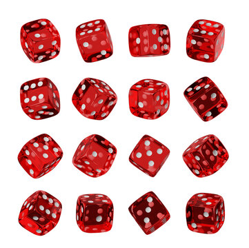 Collage of red dice in various angles and positions on a white background. The dice are shown with clear, reflective surfaces and white dots. 3D Rendering