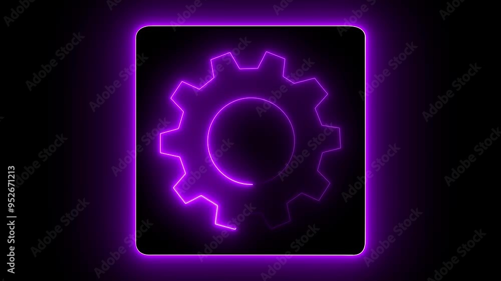 Poster update neon setting icon setup animation, spinning gears animation, glowing neon setting icon. techn