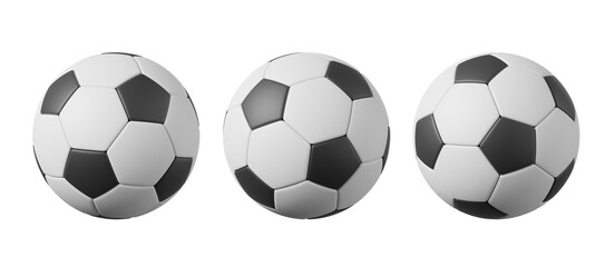 Three soccer balls are aligned in a row, displayed against a white background. The image features a closeup view of the balls, showcasing their details. 3D Rendering © ImageFlow