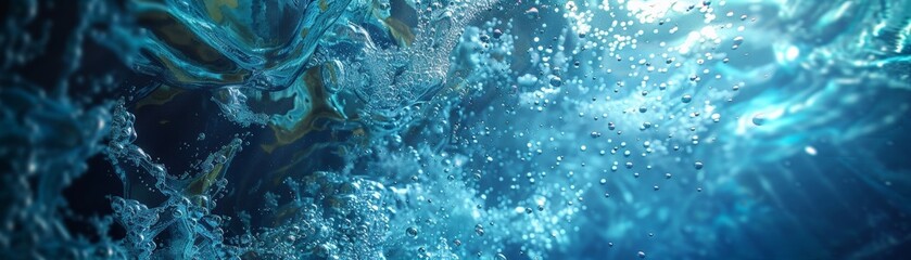 Stunning underwater view showcasing vibrant blue waves and sunlight filtering through water, creating a serene aquatic atmosphere.