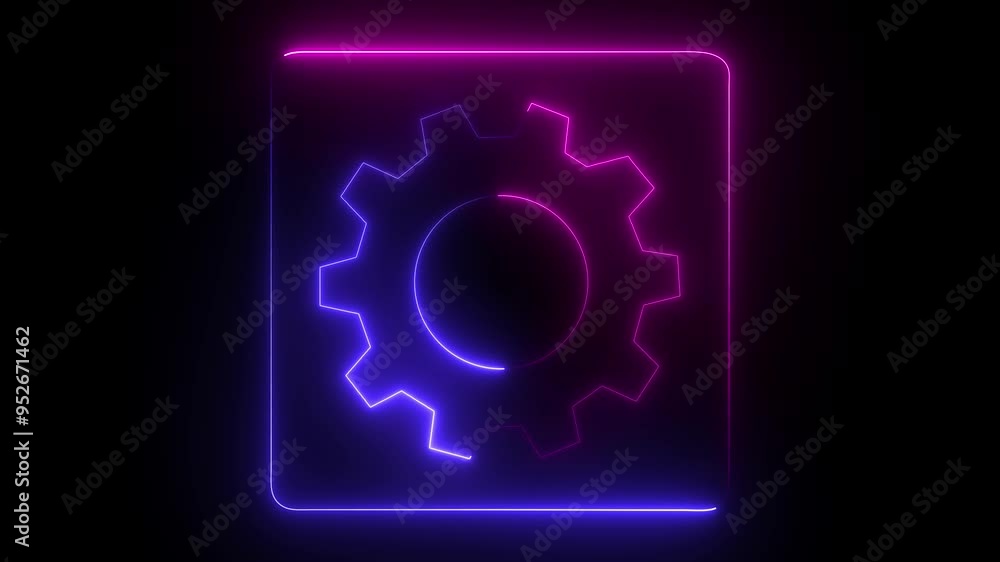 Poster glowing blue and pink color neon line setting icon isolated on black background. business analysis s