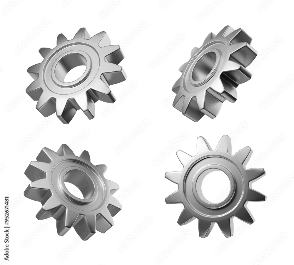Poster four shiny metal gears shown in different angles on a white background. the image is a closeup and c