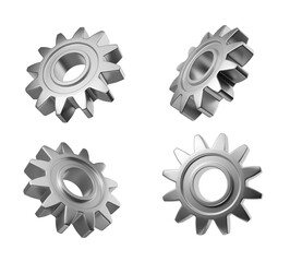 Four shiny metal gears shown in different angles on a white background. The image is a closeup and clean design, suitable for technical concepts. 3D Rendering