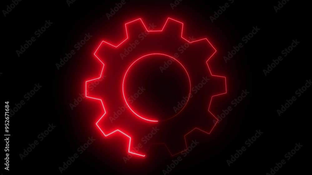 Poster glowing neon setting icon, red color settings icon, technology setting icon on black background. ind
