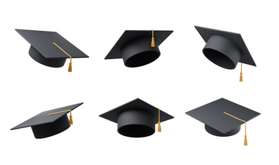 A set ofgraduation caps with yellow tassels shown from different angles on a white background. Concept of education and achievement. 3D Rendering