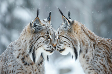Obraz premium two lynxs are facing each other in the snow