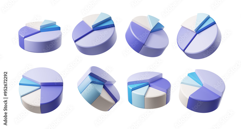 Poster eight colorful 3d pie charts in shades of blue, lavender, and white are displayed from different ang