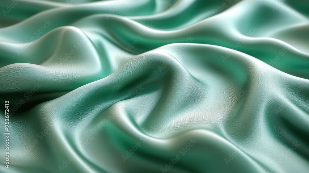 Poster abstract 3d render of fresh emerald green silky fabric with wavy ripples and an iridescent texture f