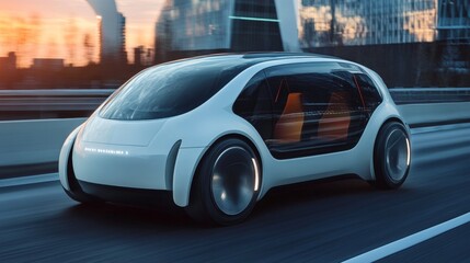 Naklejka premium Explore the future of travel with a glimpse into advanced autonomous vehicles, showcasing sleek design and cutting-edge technology on cityscapes. Car