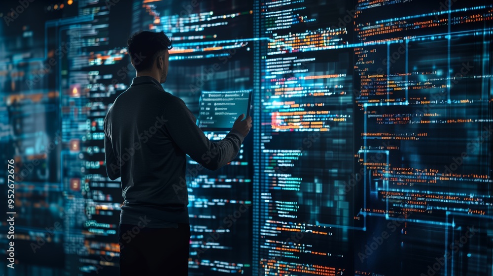 Fototapete programmer standing in front of floating, glowing computer code, creating a futuristic and tech-driv
