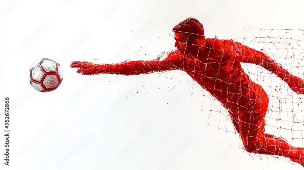 Poster goalkeeper in motion: a dynamic shot of a soccer player in mid-air, reaching out to save a goal. the