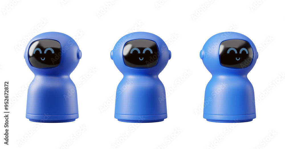 Poster three cute blue robots with smiling faces on a white background. the robots have rounded shapes and 