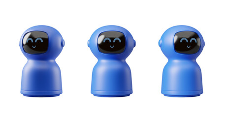 Fototapeta premium Three cute blue robots with smiling faces on a white background. The robots have rounded shapes and digital faces displaying smiles. Concept of friendly technology and robotics. 3D Rendering