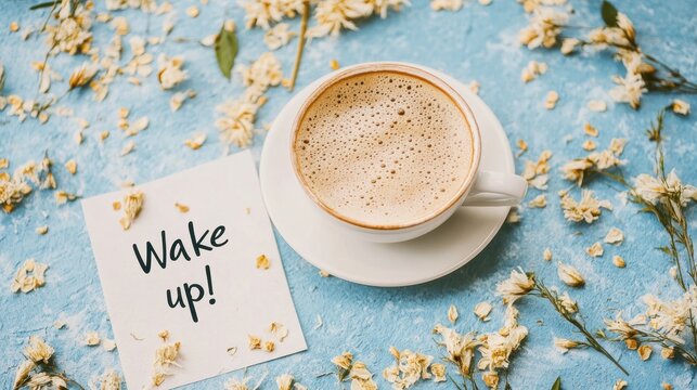 Cup of frothy coffee with a note saying 'Wake up!' on a blue background, surrounded by dried flowers
