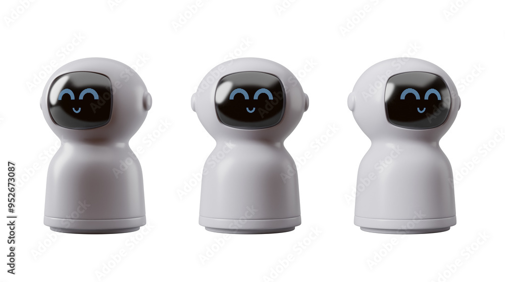 Poster three small white robots with smiling faces, displaying different expressions on their screens. mini