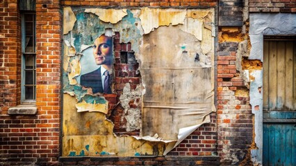 Faded urban street poster with torn edges and ripped corners, overlaid on a gritty textured wall with exposed brick and peeling paint.