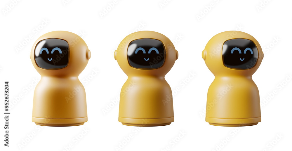 Poster three yellow smiling robots are shown against a white background. they each have a friendly face, cr