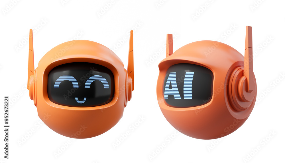 Poster two orange robot heads with digital screens displaying happy face and ai text, set against a white b