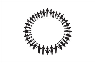 Silhouette design of diverse people holding hands in a circle or forming a unified shape like a heart or globe 