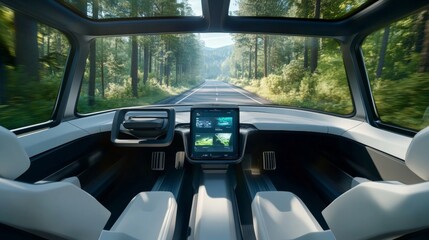 Experience the future of travel with showcasing an autonomous vehicle's sleek interior gliding through a tree-lined road, with no driver at the wheel
